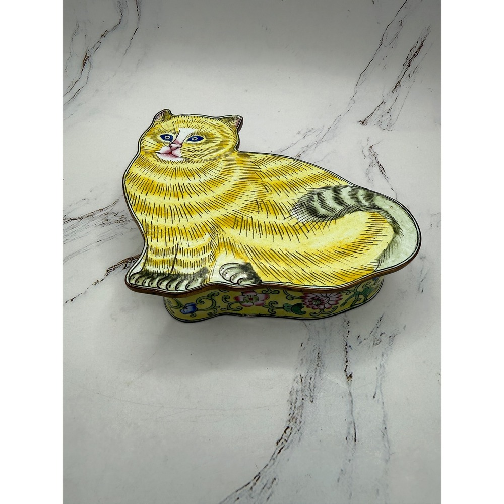 Cat Chinoiserie Trinket Jewelry Ring Box Gift Funky Box Yellow Tabby Floral